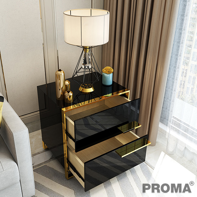 Luxury Black And Gold Frame Assembled Bedside Cabinet with 2 Drawers