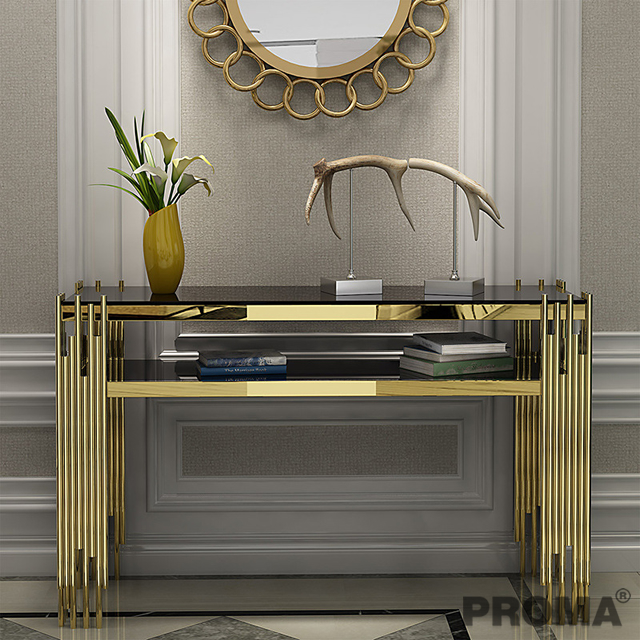 LUXURY GLASS TOP GOLDEN STAINLESS STEEL BASE CONSOLE TABLE