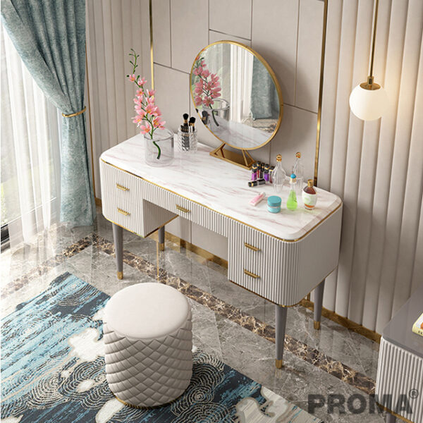 Light Luxury Marble Top Dressing Table with Mirror And Stool