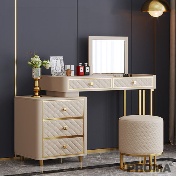 Luxury Full Leather Wooden Frame Nordic Dressing Table