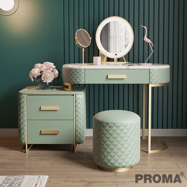 Dressing Table Leather and Stainless Steel with Mirror and Stool Proma-DST-25