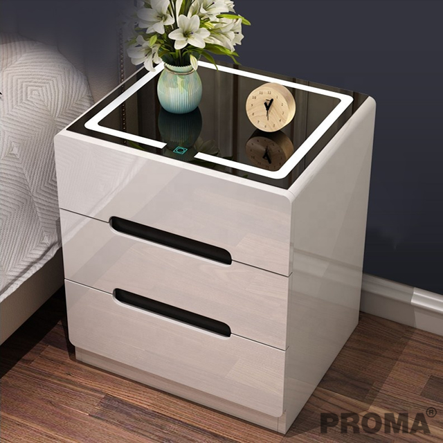 Modern Wooden White LED Light Smart Bedside Table with 3 Drawers Proma-TBS15
