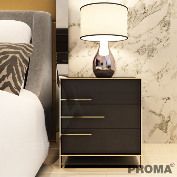Luxury Black And Gold Frame Assembled Bedside Cabinet with 2 Drawers