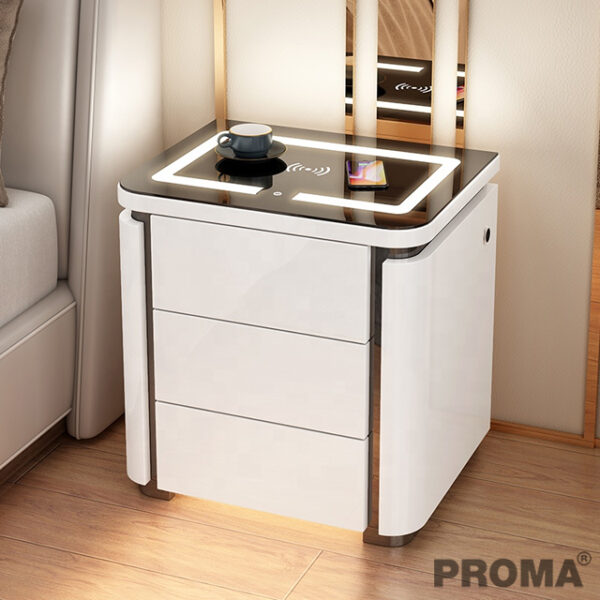 Wireless Charging LED Bedside Table with 3 Drawers