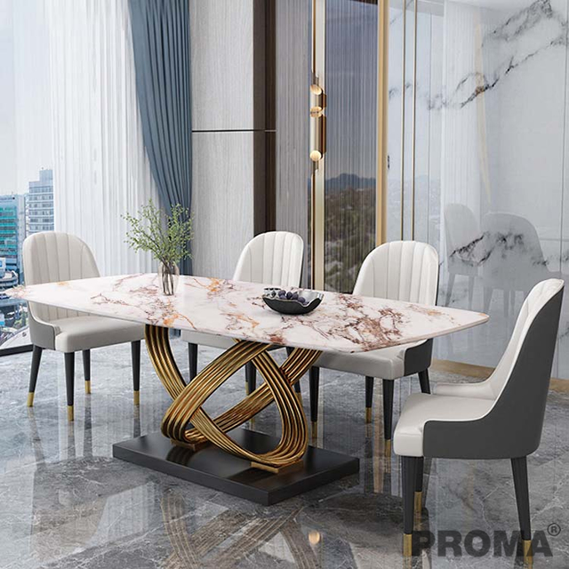 Dining Table Set Luxury Gold Stone with Stainless Steel Base Proma-DTB-01