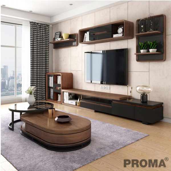 Iron Frame Walnut Color Tempered Glass Coffee Table Set