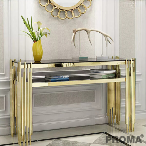 LUXURY GLASS TOP GOLDEN STAINLESS STEEL BASE CONSOLE TABLE