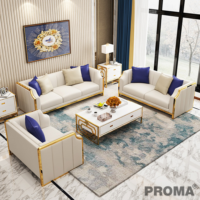 Luxury Golden Metal Frame Office Leather Sofa for Living Room
